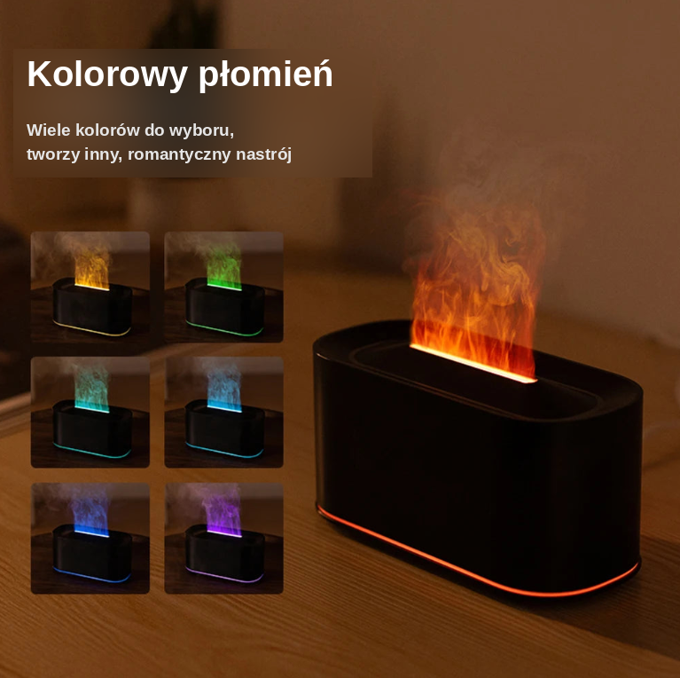 Dyfuzor Zapachowy z Efektem Płomienia — Kolorowy Nawilżacz Powietrza do Aromaterapii