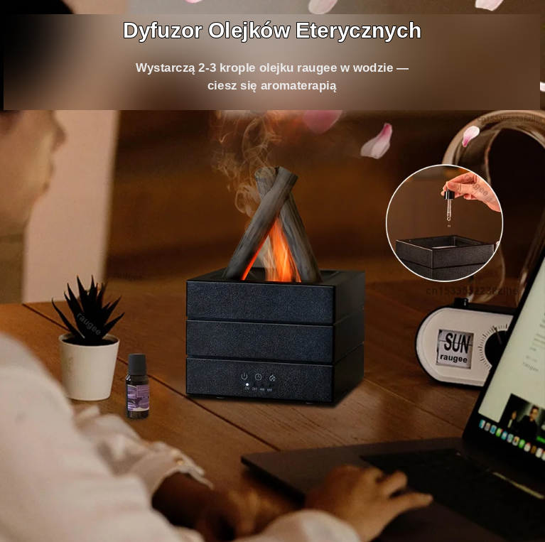 Nawilżacz Powietrza z Efektem Płomienia — Dyfuzor Zapachowy do Aromaterapii z Lampką Nocną i Pilotem