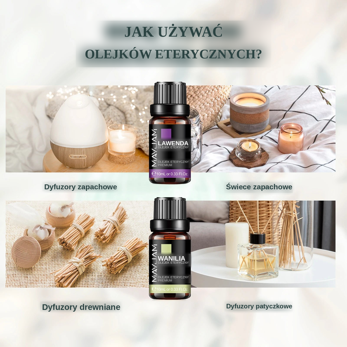 Olejek Eteryczny MAYJAM 10ML — Zapachowy Olejek do Aromaterapii (Lawenda, Jaśmin, Eukaliptus, Wanilia, Drzewo Sandałowe, Bergamotka, Rozmaryn, Cytronela, Cynamon)